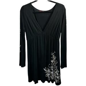 Crimson Ivy Babydoll Short Dress Sz L Deep V Neck Graphic Print Y2K Stretchy